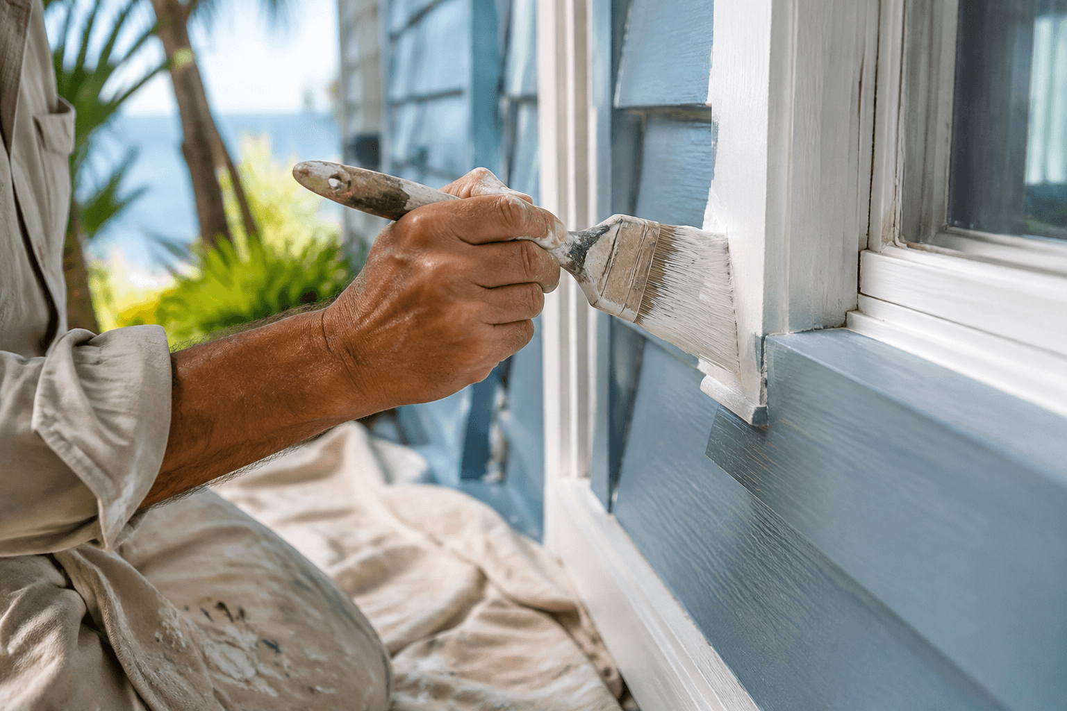Painter brushing white coastal window trim